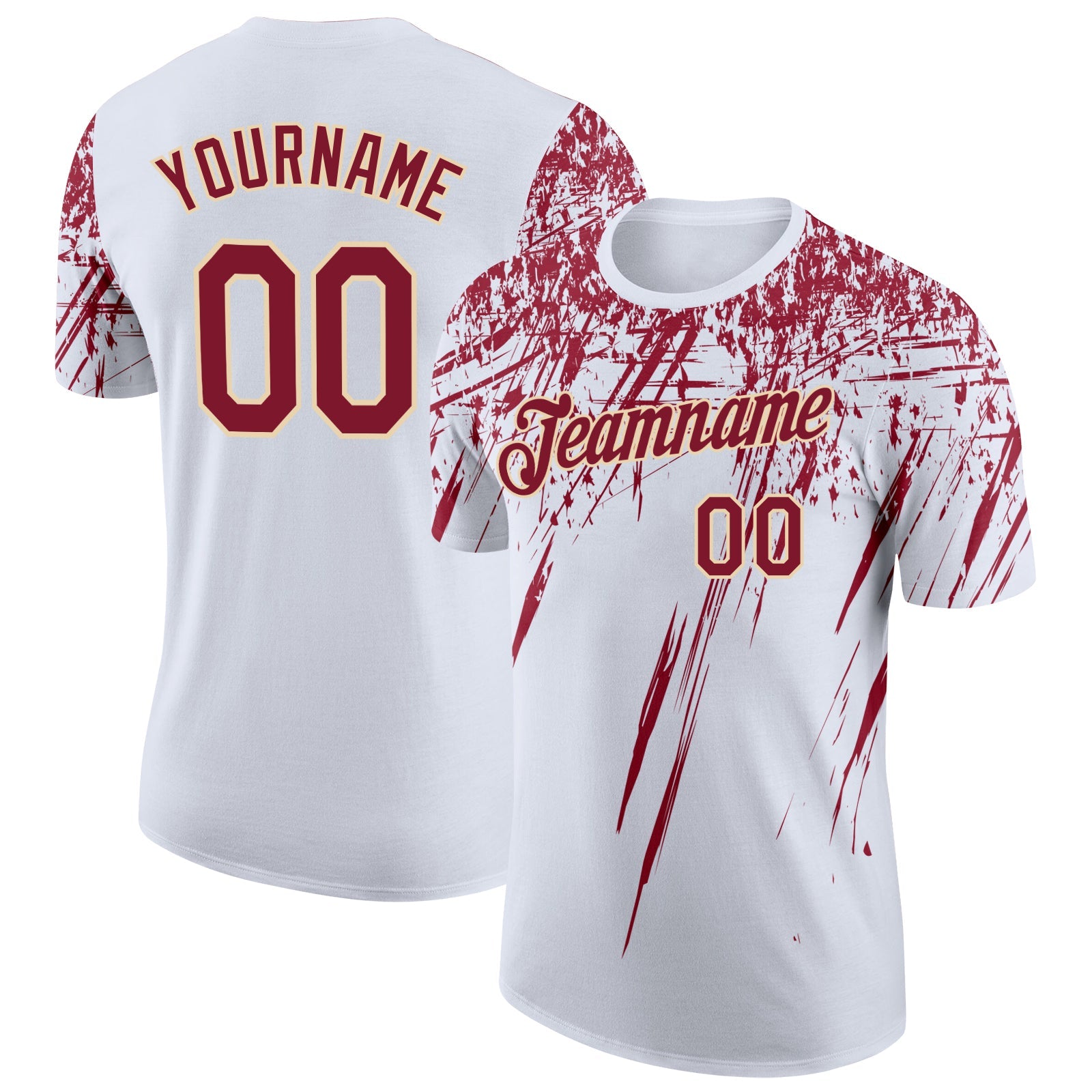 Custom White Crimson-City Cream Distressed Scratch Brush Stroke Performance T-Shirt - Main View