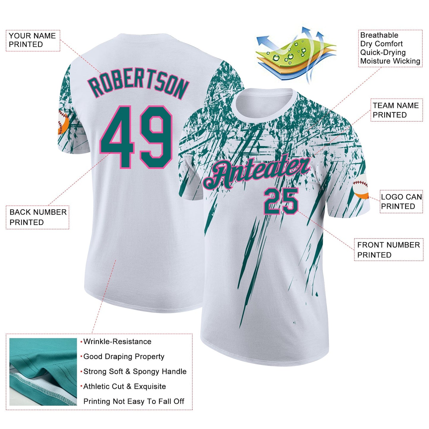 Custom White Teal-Pink Distressed Scratch Brush Stroke Performance T-Shirt view 2