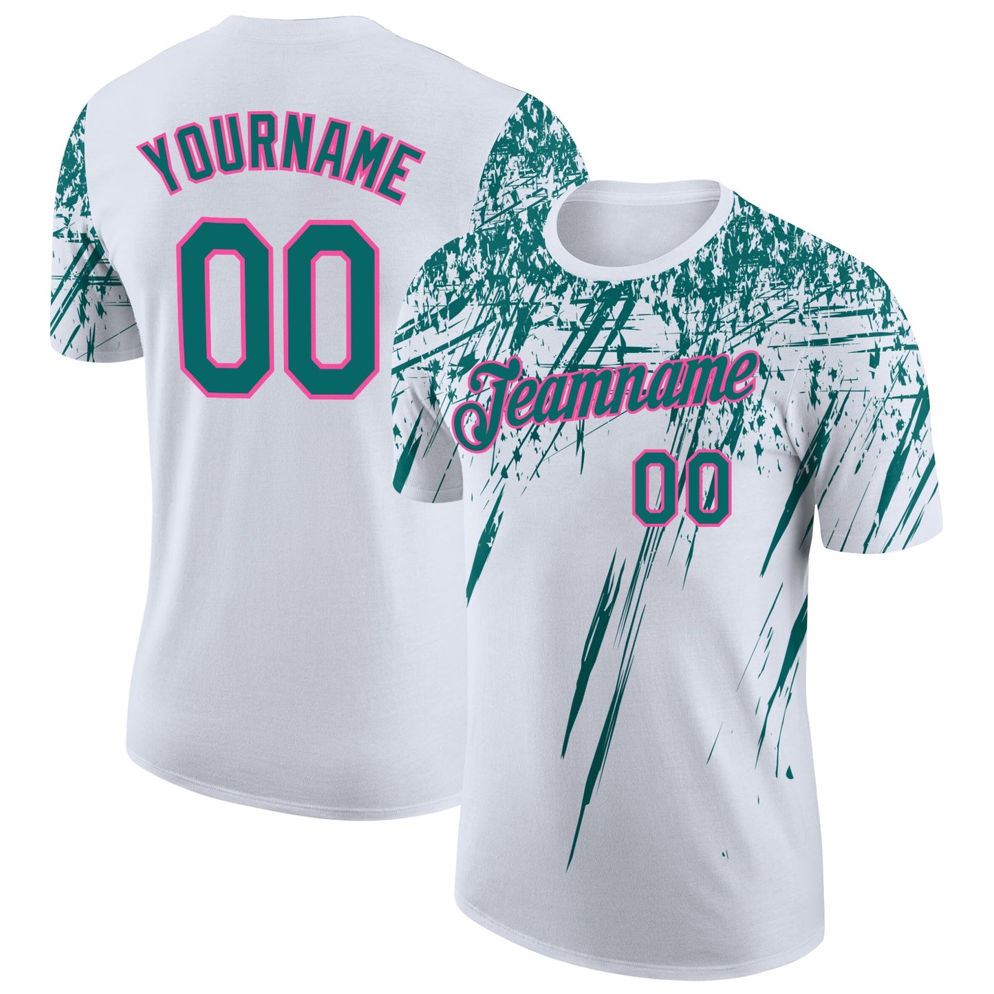 Custom White Teal-Pink Distressed Scratch Brush Stroke Performance T-Shirt - Main View