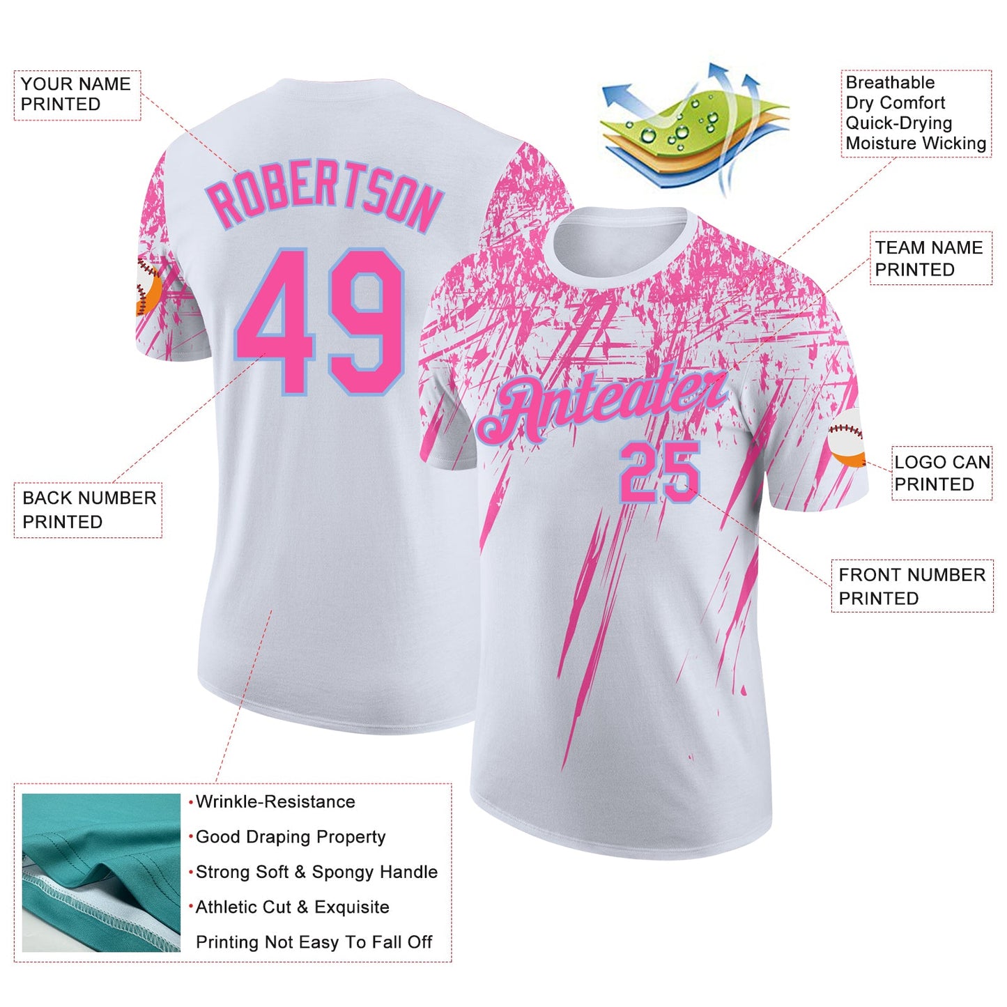 Custom White Pink-Light Blue Distressed Scratch Brush Stroke Performance T-Shirt view 2