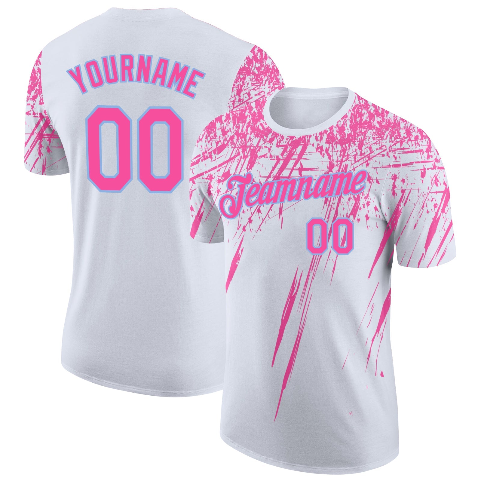 Custom White Pink-Light Blue Distressed Scratch Brush Stroke Performance T-Shirt - Main View
