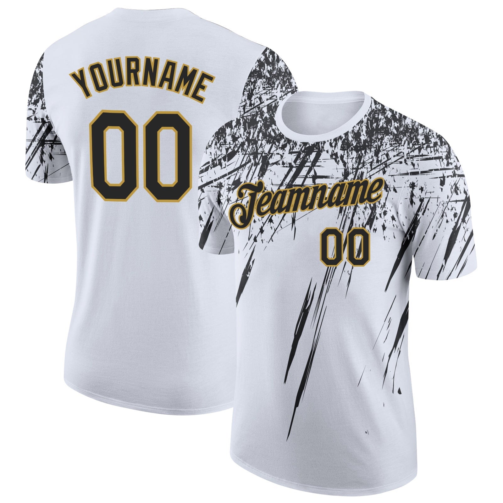 Custom White Black-Old Gold Distressed Scratch Brush Stroke Performance T-Shirt - Main View