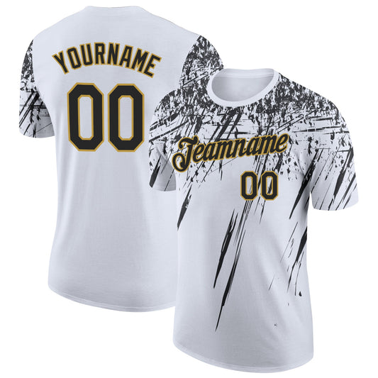 Custom White Black-Old Gold Distressed Scratch Brush Stroke Performance T-Shirt - Main View