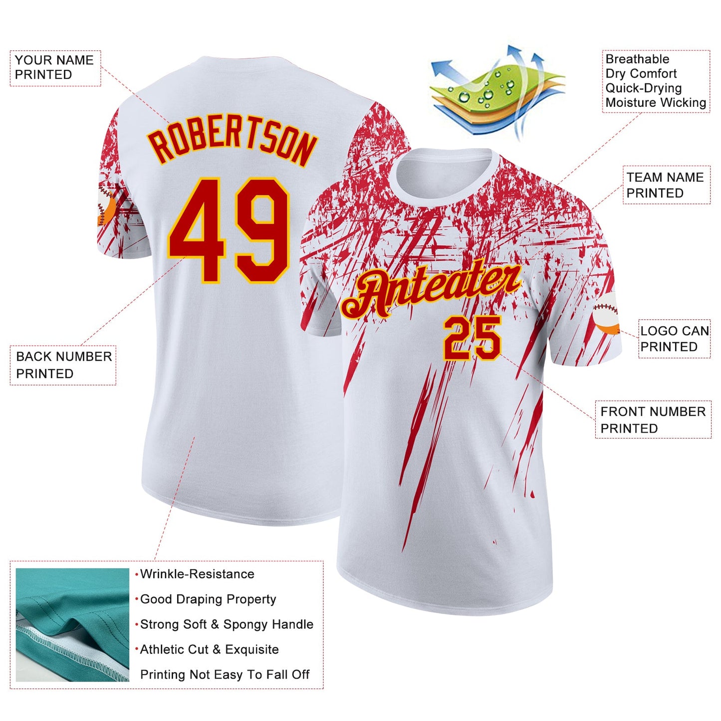 Custom White Red-Yellow Distressed Scratch Brush Stroke Performance T-Shirt view 2