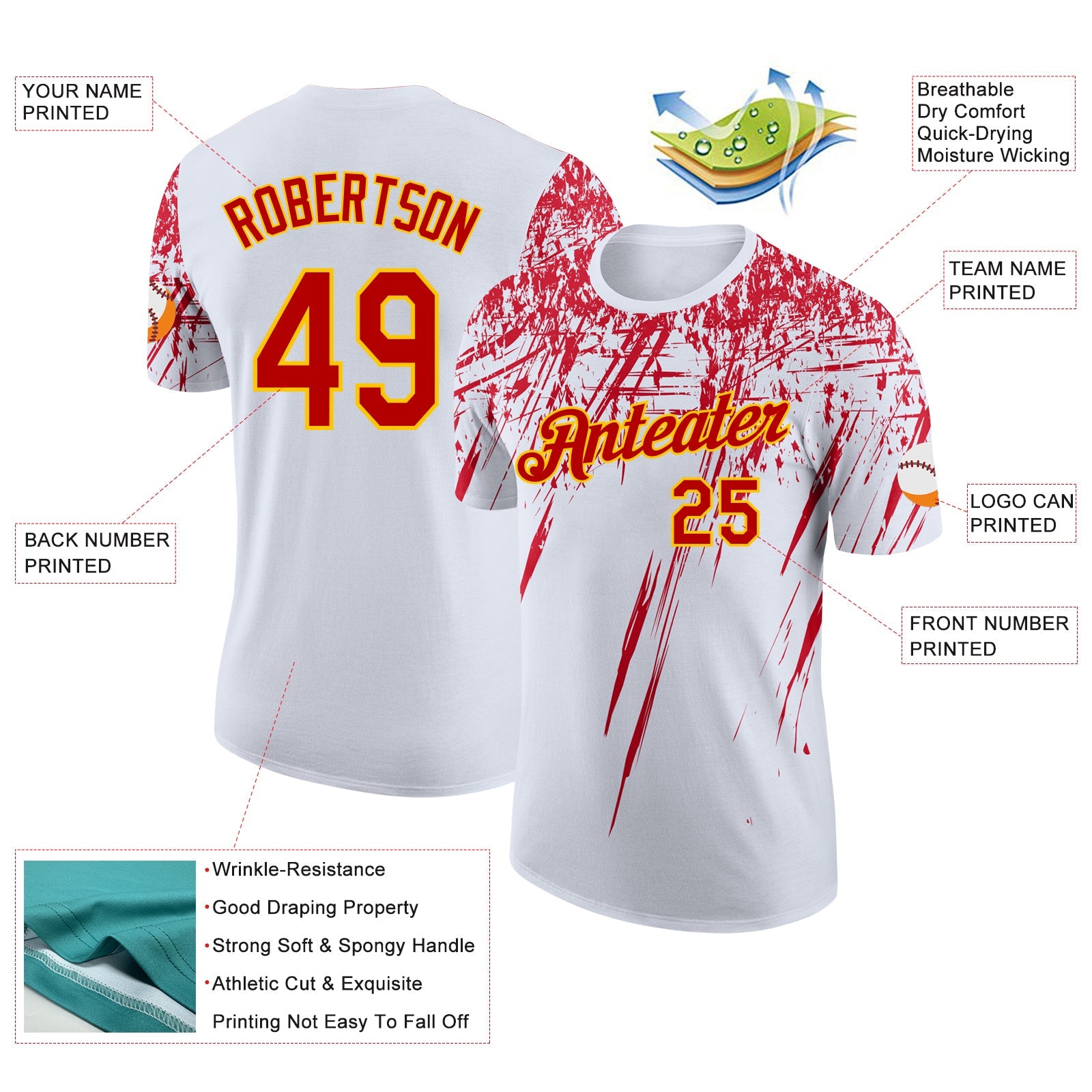 Custom White Red-Yellow Distressed Scratch Brush Stroke Performance T-Shirt view 2