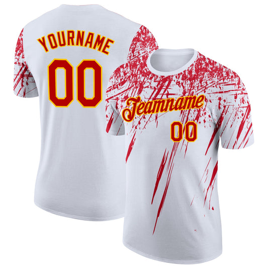 Custom White Red-Yellow Distressed Scratch Brush Stroke Performance T-Shirt - Main View