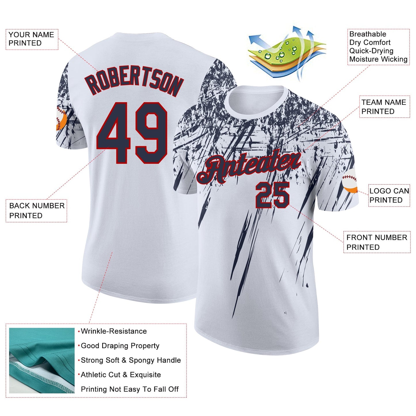 Custom White Navy-Red Distressed Scratch Brush Stroke Performance T-Shirt view 2