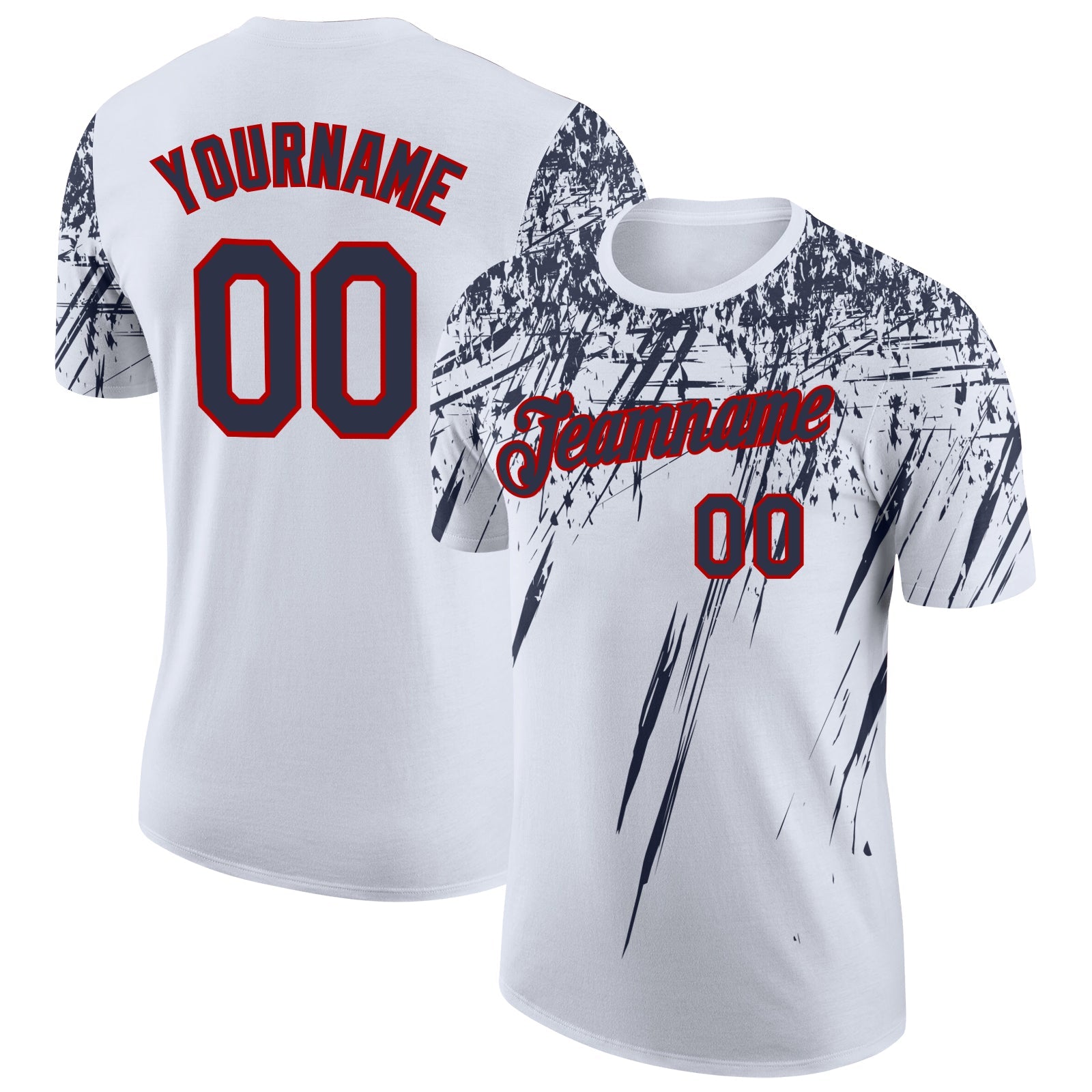Custom White Navy-Red Distressed Scratch Brush Stroke Performance T-Shirt - Main View