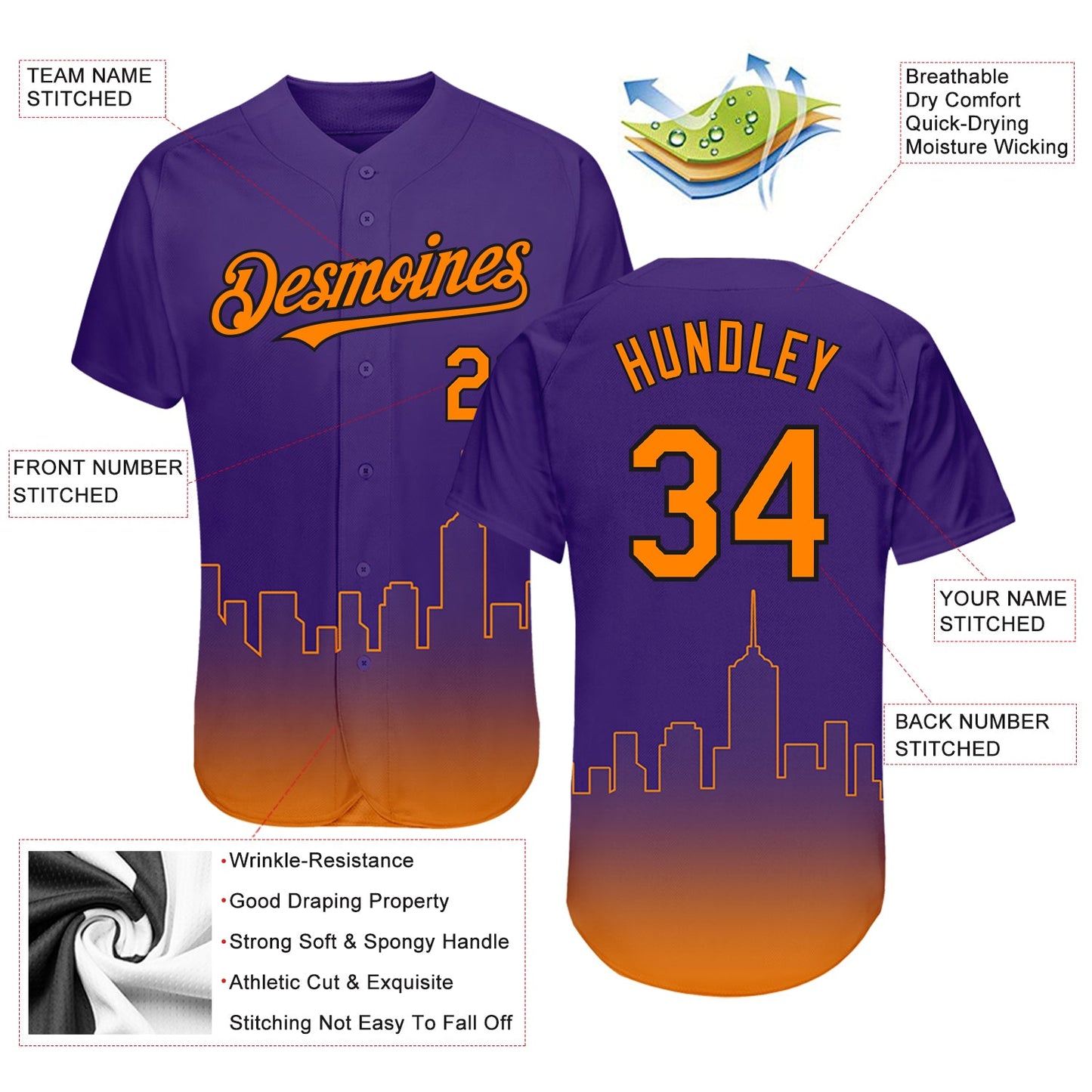 Custom Purple Bay Orange-Black 3D Phoenix City Edition Fade Fashion Authentic Baseball Jersey view 3
