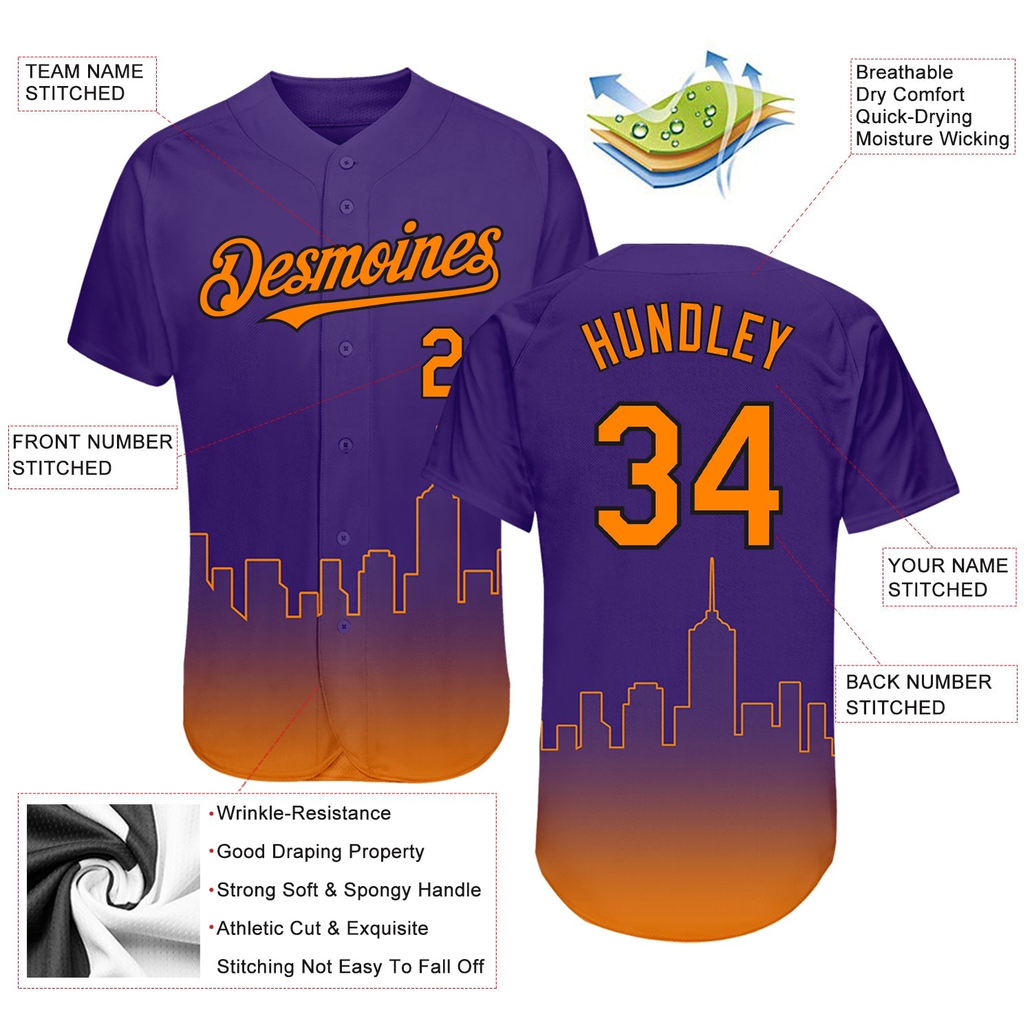 Custom Purple Bay Orange-Black 3D Phoenix City Edition Fade Fashion Authentic Baseball Jersey view 3