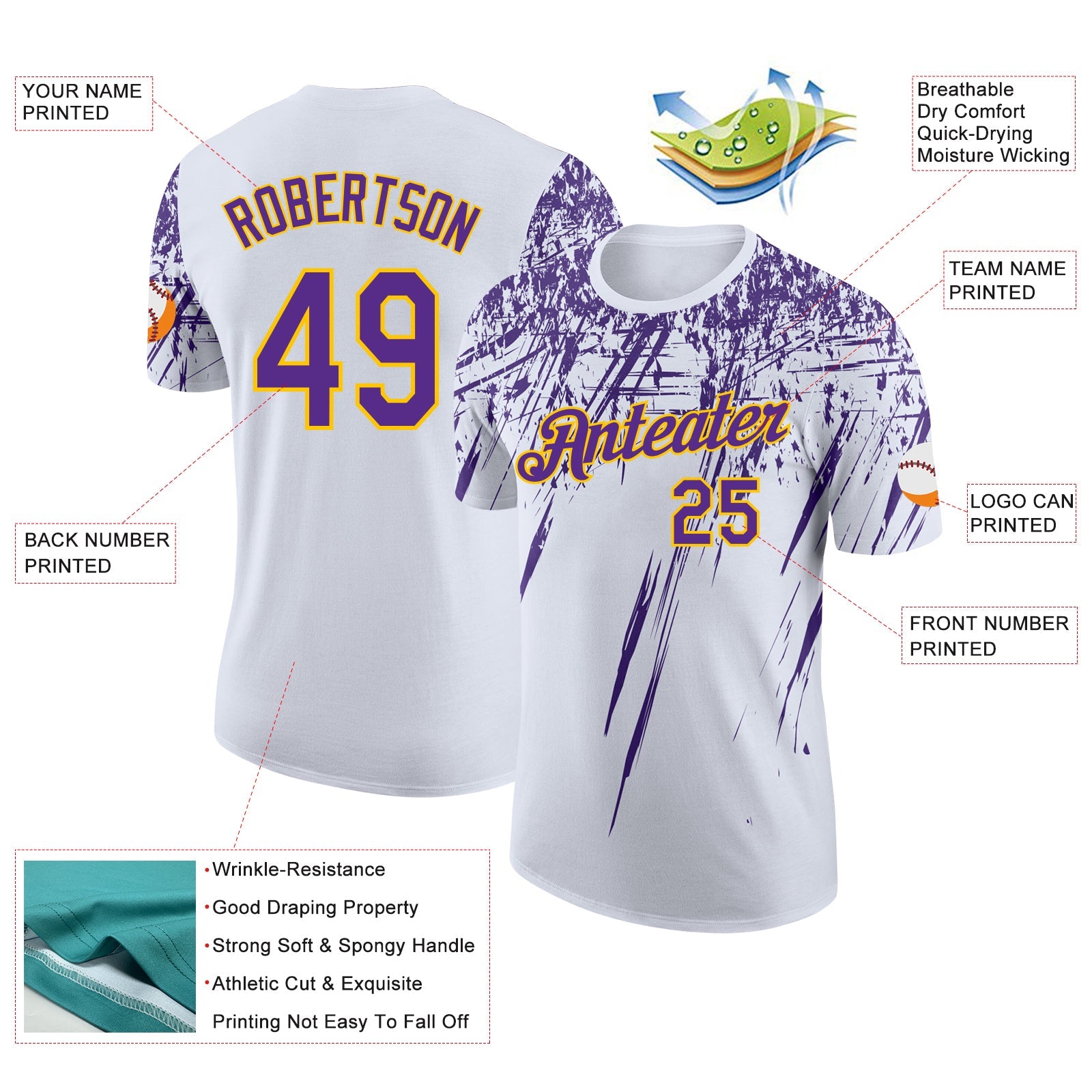 Custom White Purple-Yellow Distressed Scratch Brush Stroke Performance T-Shirt view 2