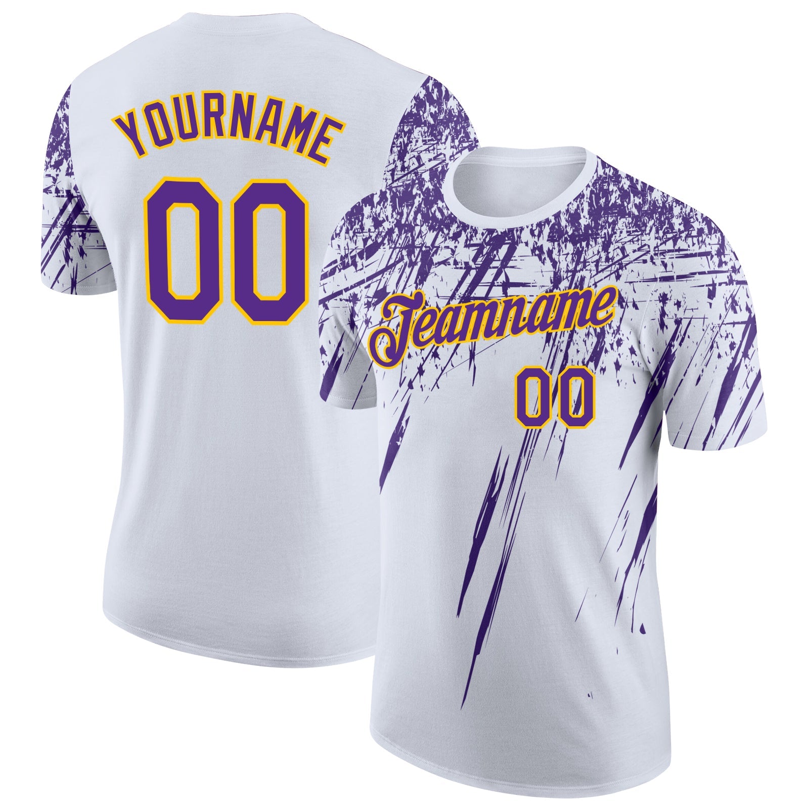 Custom White Purple-Yellow Distressed Scratch Brush Stroke Performance T-Shirt - Main View
