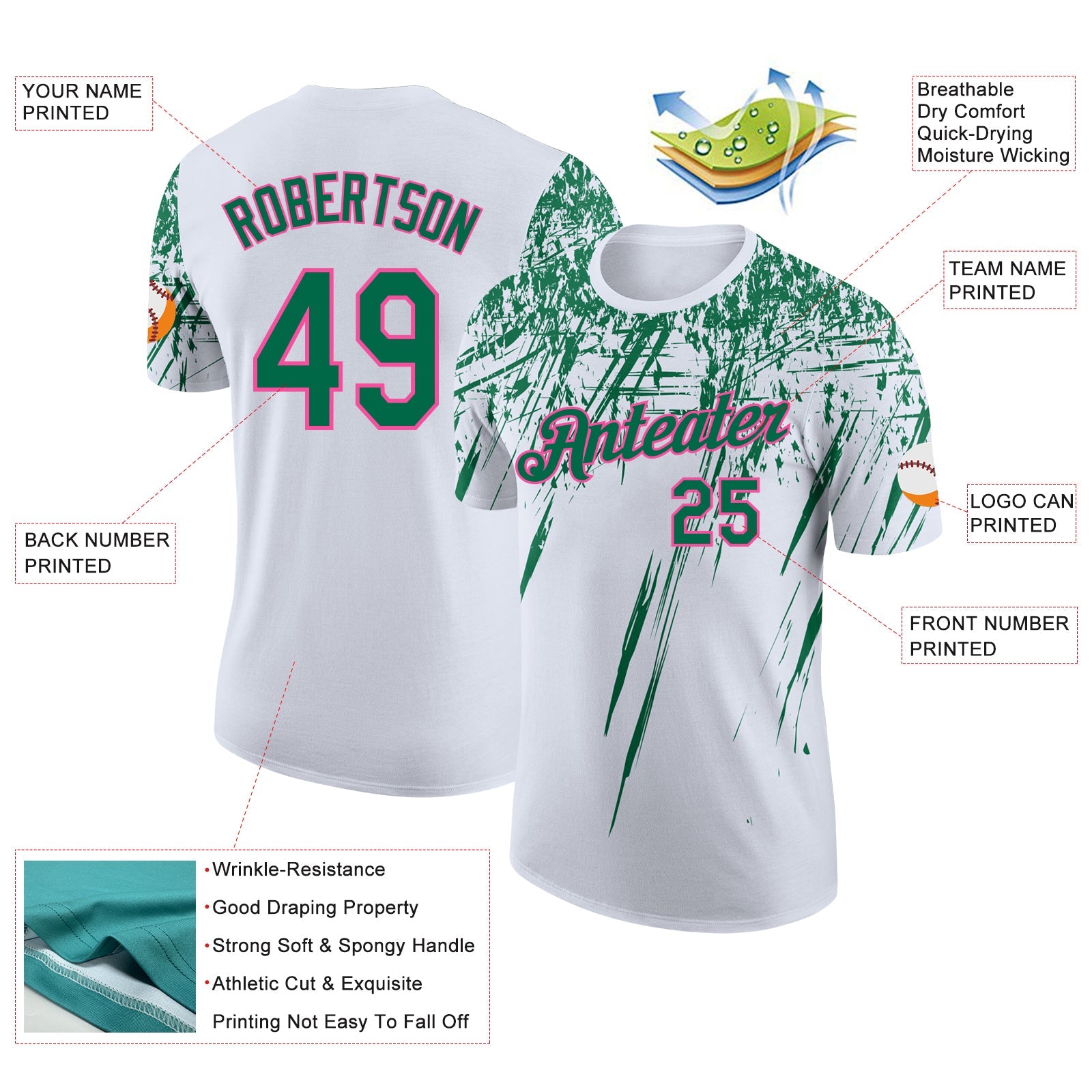 Custom White Kelly Green-Pink Distressed Scratch Brush Stroke Performance T-Shirt view 2