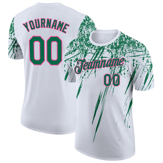 Custom White Kelly Green-Pink Distressed Scratch Brush Stroke Performance T-Shirt - Main View