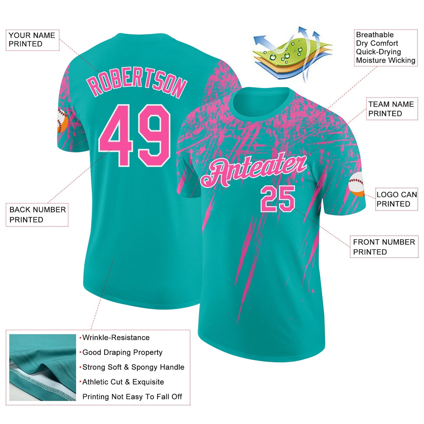 Custom Aqua Pink-White Distressed Scratch Brush Stroke Performance T-Shirt view 2