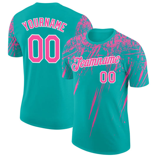 Custom Aqua Pink-White Distressed Scratch Brush Stroke Performance T-Shirt - Main View