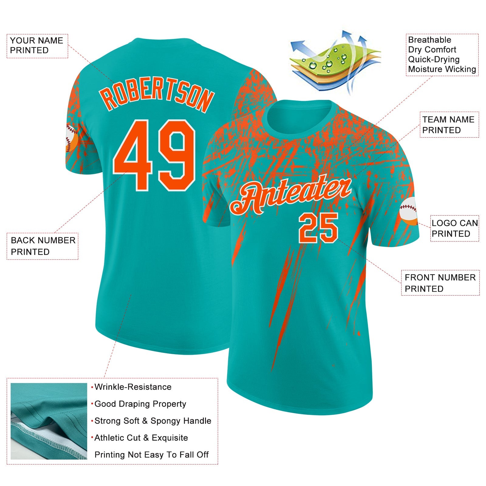 Custom Aqua Orange-White Distressed Scratch Brush Stroke Performance T-Shirt view 2