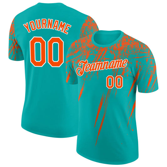 Custom Aqua Orange-White Distressed Scratch Brush Stroke Performance T-Shirt - Main View