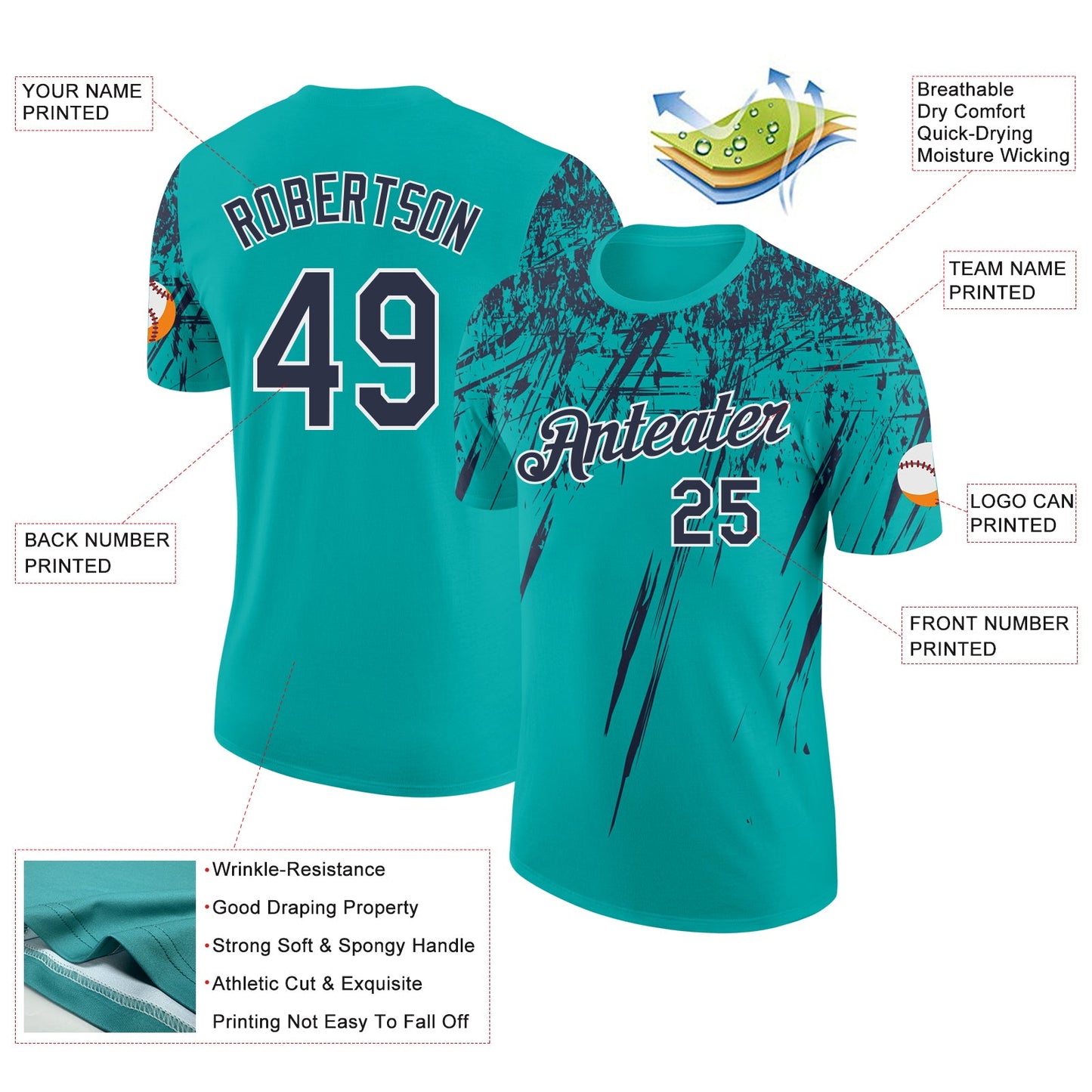 Custom Aqua Navy-White Distressed Scratch Brush Stroke Performance T-Shirt view 2