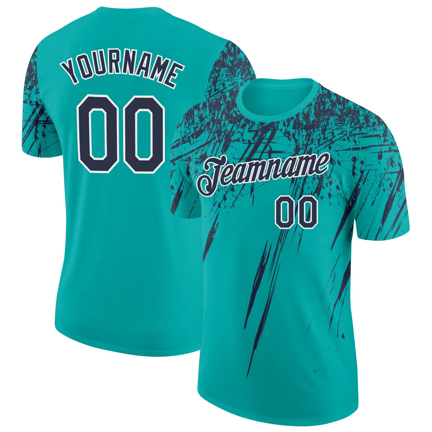 Custom Aqua Navy-White Distressed Scratch Brush Stroke Performance T-Shirt - Main View