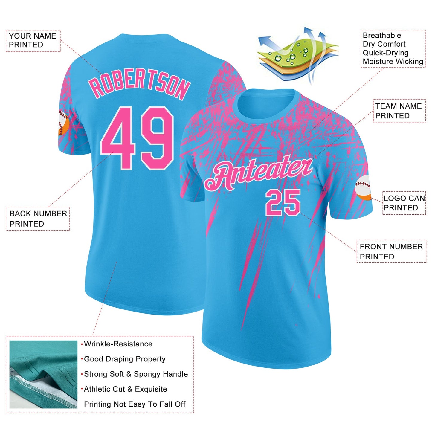 Custom Sky Blue Pink-White Distressed Scratch Brush Stroke Performance T-Shirt view 2