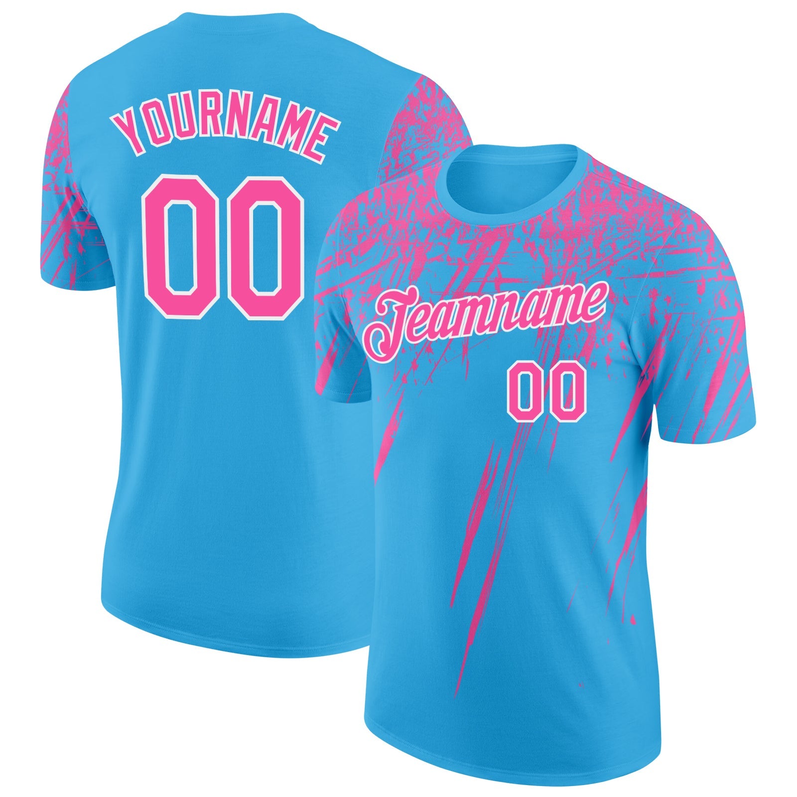 Custom Sky Blue Pink-White Distressed Scratch Brush Stroke Performance T-Shirt - Main View