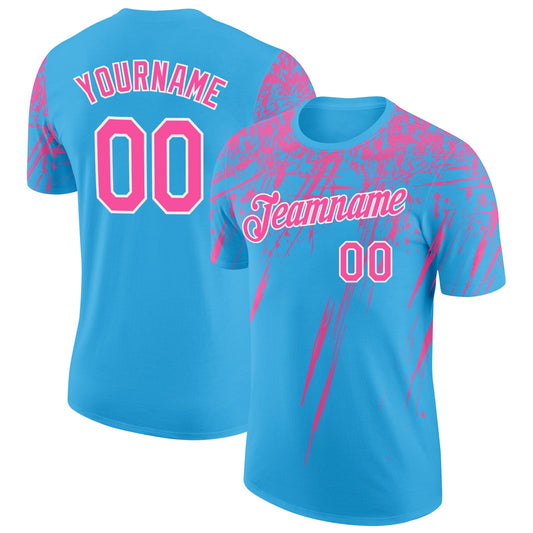 Custom Sky Blue Pink-White Distressed Scratch Brush Stroke Performance T-Shirt - Main View
