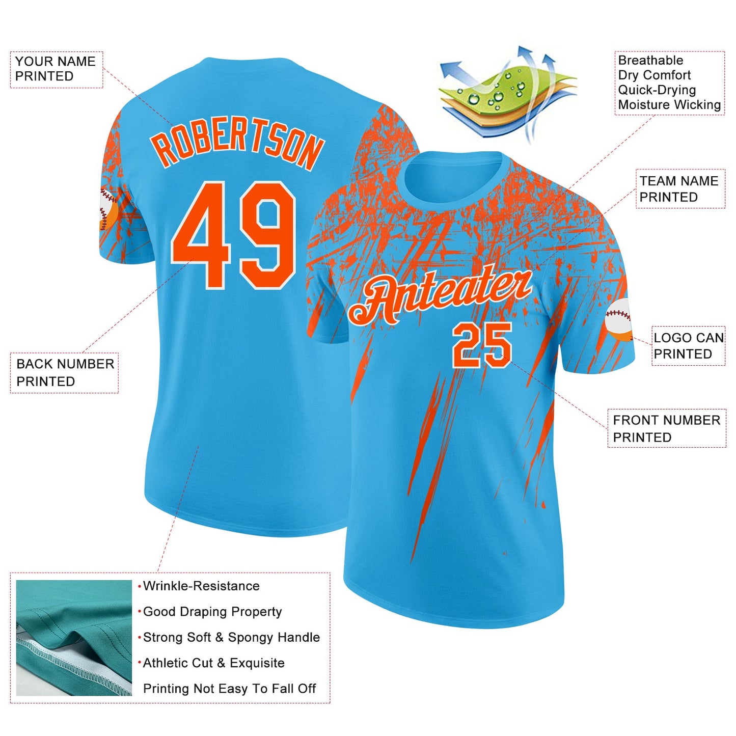 Custom Sky Blue Orange-White Distressed Scratch Brush Stroke Performance T-Shirt view 2