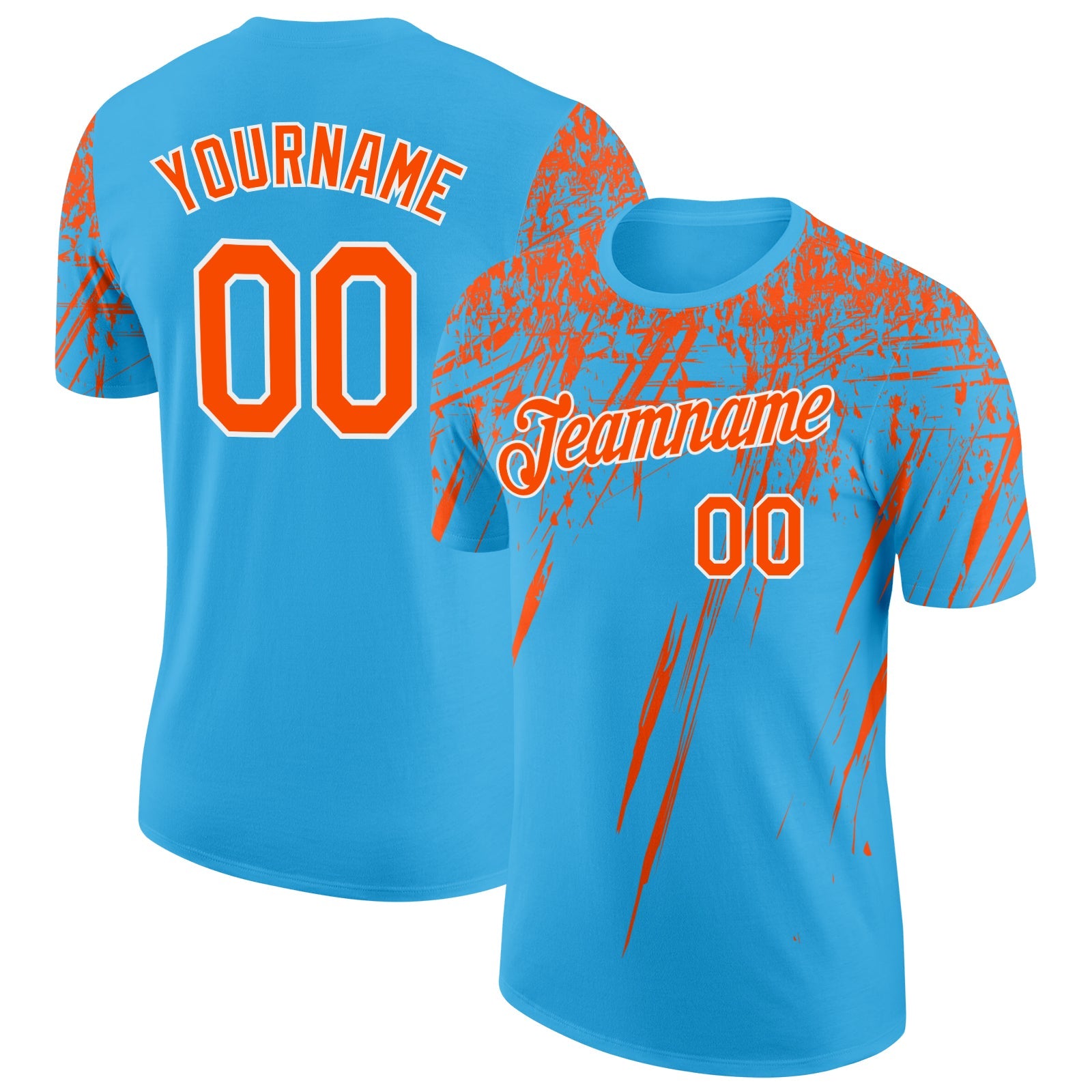 Custom Sky Blue Orange-White Distressed Scratch Brush Stroke Performance T-Shirt - Main View