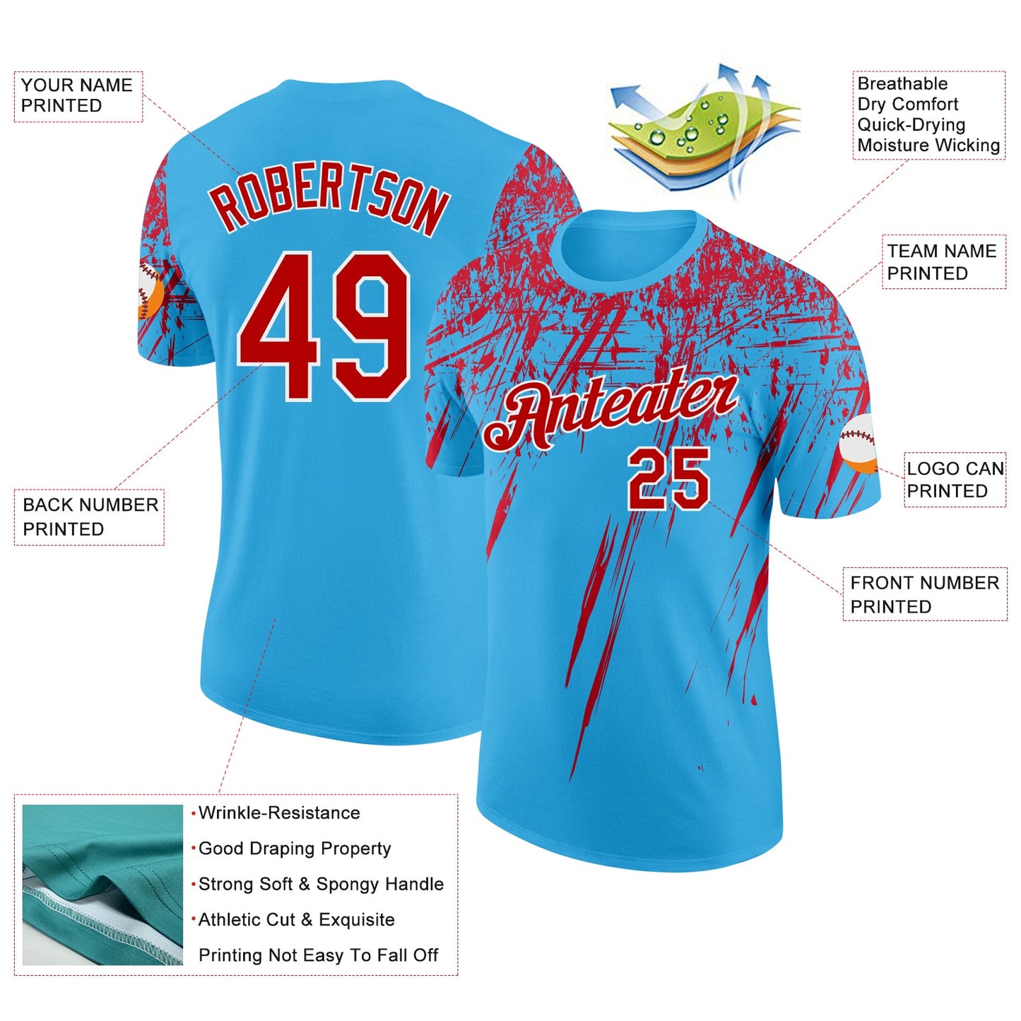 Custom Sky Blue Red-White Distressed Scratch Brush Stroke Performance T-Shirt view 2