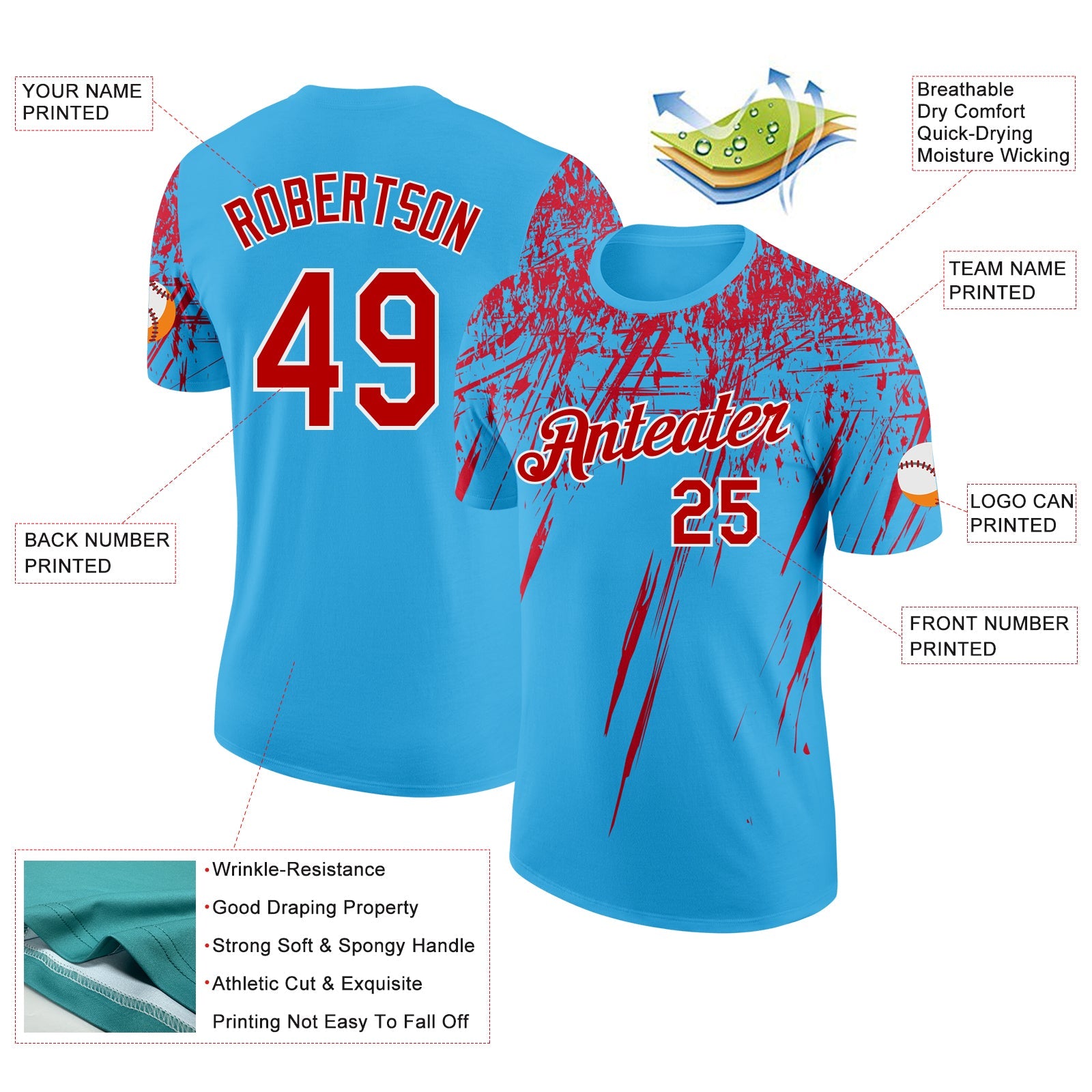 Custom Sky Blue Red-White Distressed Scratch Brush Stroke Performance T-Shirt view 2