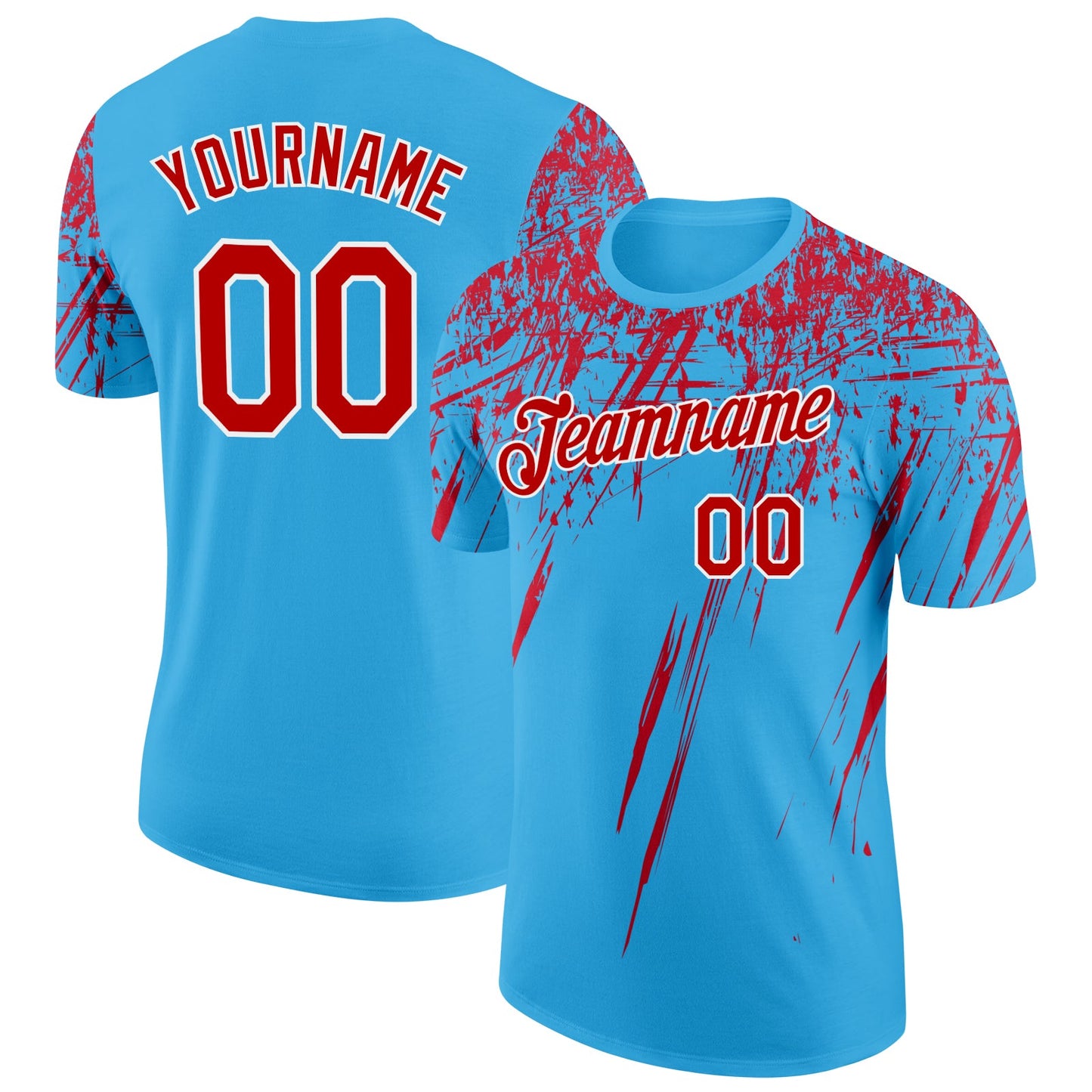 Custom Sky Blue Red-White Distressed Scratch Brush Stroke Performance T-Shirt - Main View