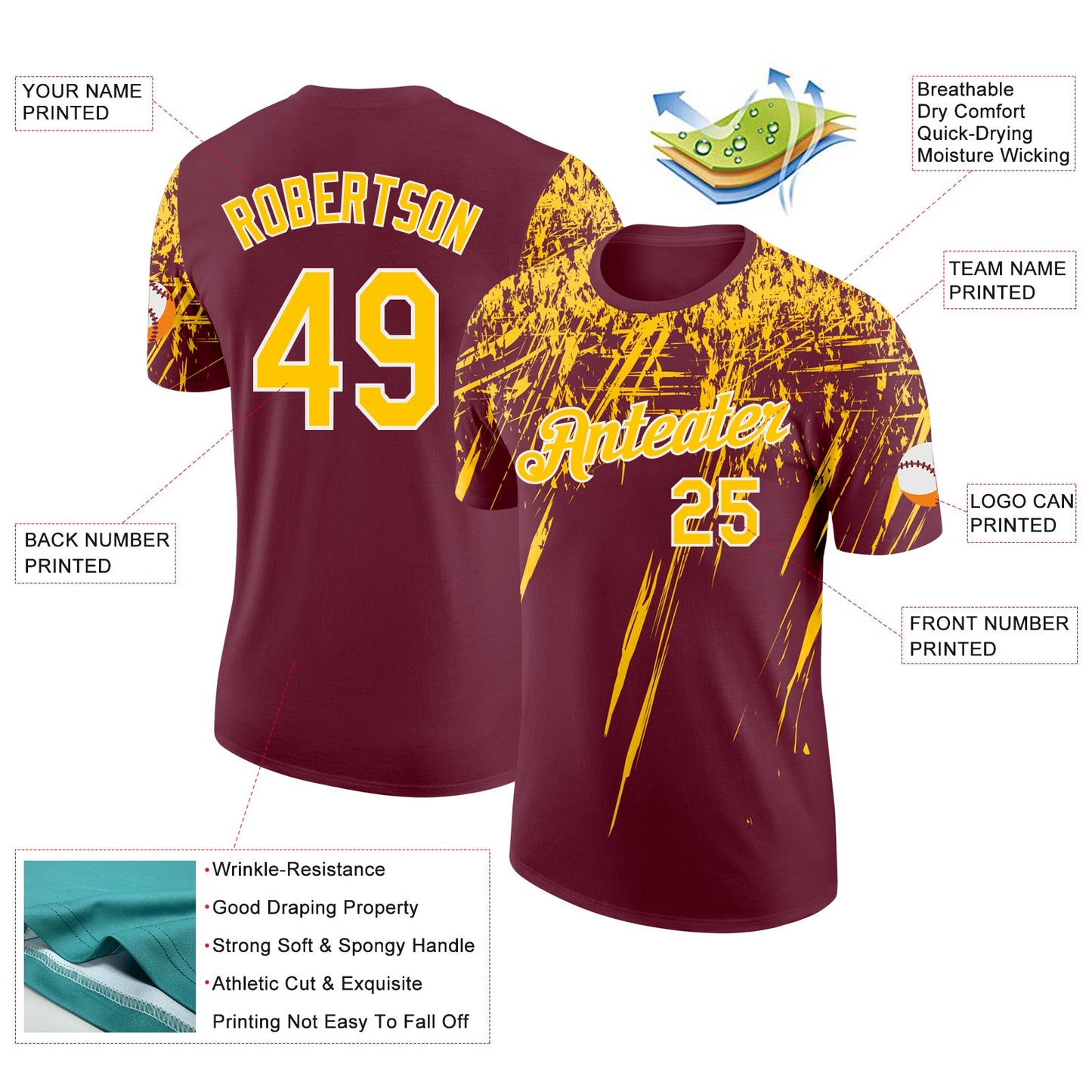 Custom Burgundy Yellow-White Distressed Scratch Brush Stroke Performance T-Shirt view 2
