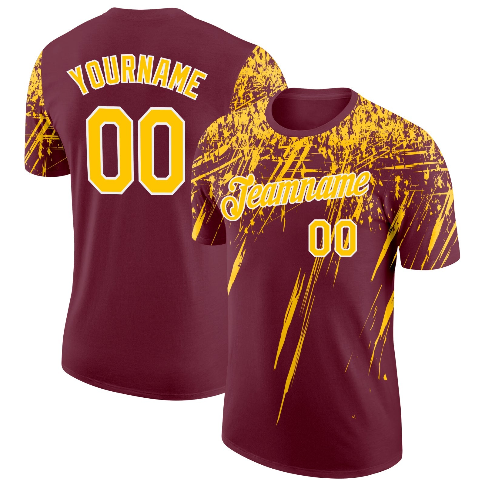 Custom Burgundy Yellow-White Distressed Scratch Brush Stroke Performance T-Shirt - Main View