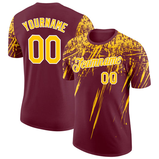 Custom Burgundy Yellow-White Distressed Scratch Brush Stroke Performance T-Shirt - Main View