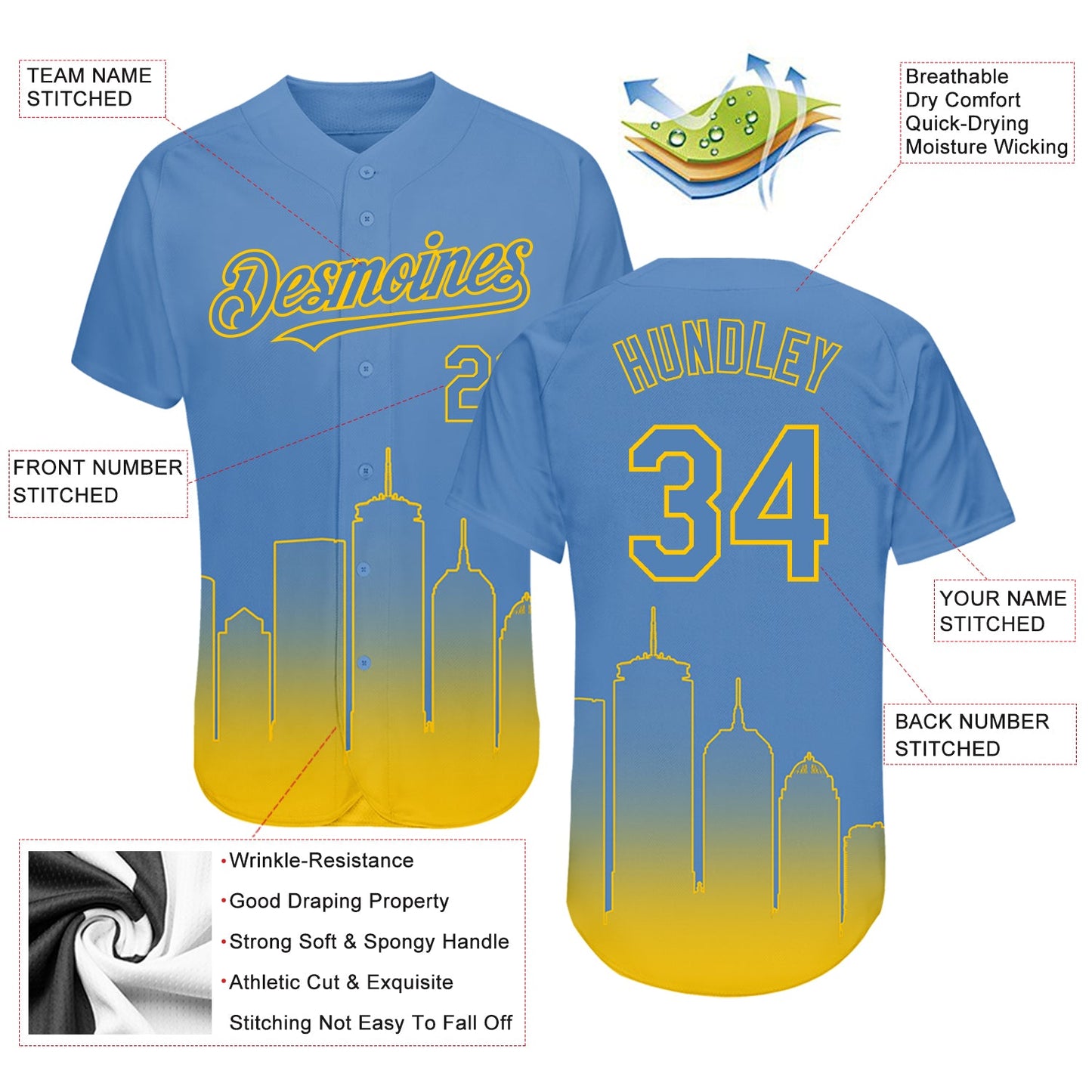 Custom Light Blue Yellow 3D Boston City Edition Fade Fashion Authentic Baseball Jersey view 3