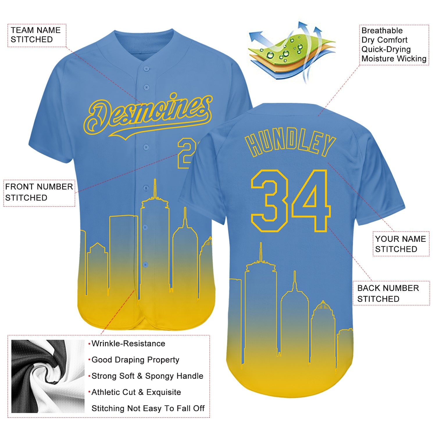Custom Light Blue Yellow 3D Boston City Edition Fade Fashion Authentic Baseball Jersey view 3