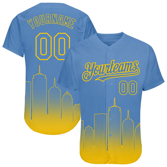 Custom Light Blue Yellow 3D Boston City Edition Fade Fashion Authentic Baseball Jersey - Main View