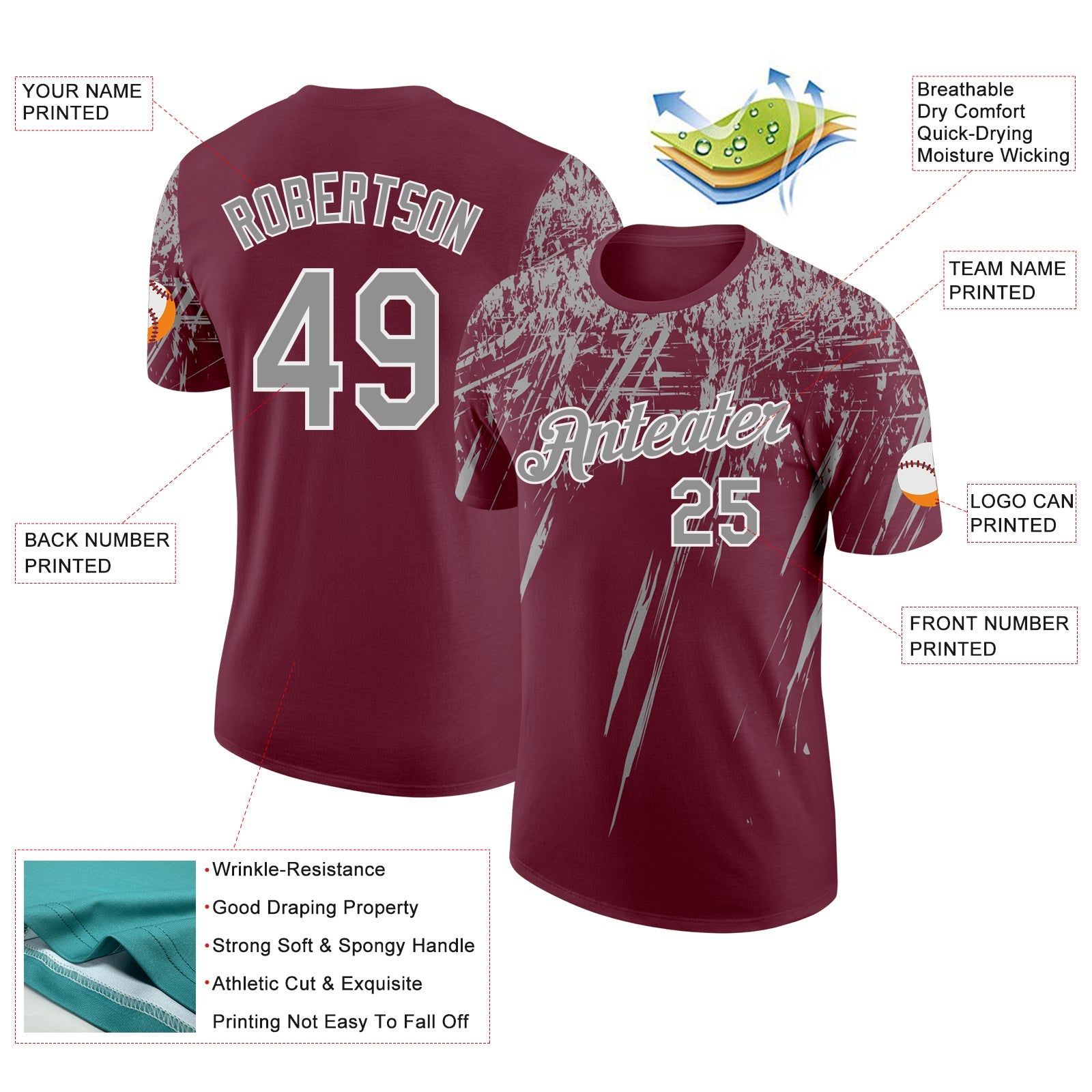 Custom Burgundy Gray-White Distressed Scratch Brush Stroke Performance T-Shirt view 2