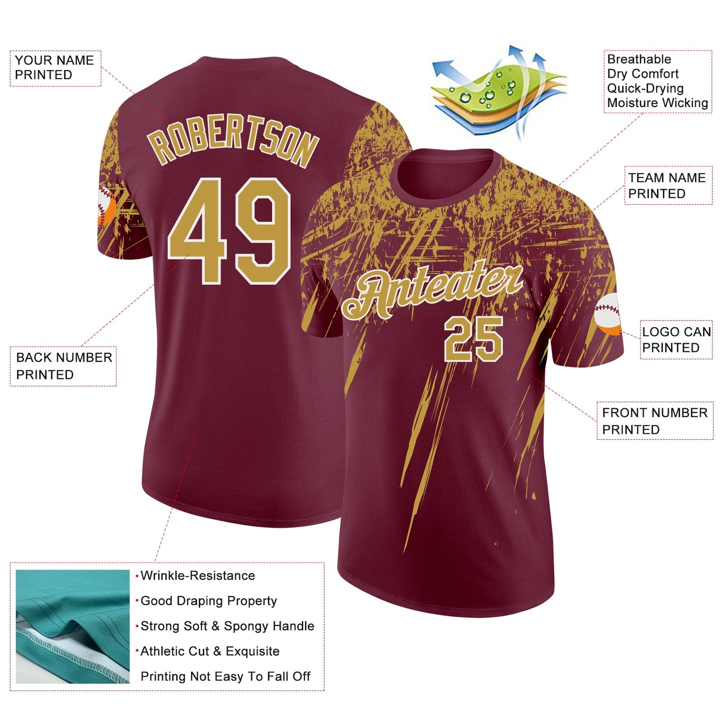 Custom Burgundy Old Gold-White Distressed Scratch Brush Stroke Performance T-Shirt view 2