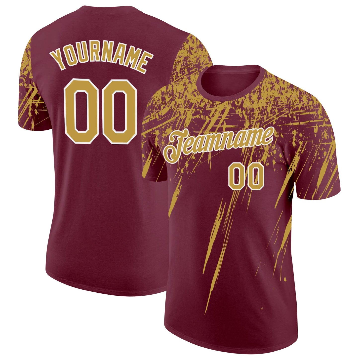 Custom Burgundy Old Gold-White Distressed Scratch Brush Stroke Performance T-Shirt - Main View