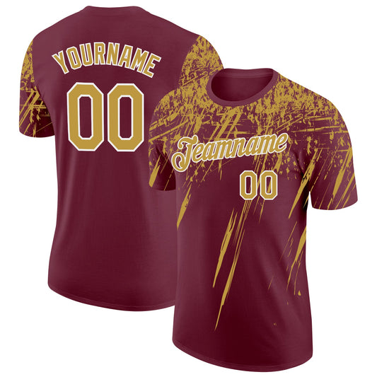 Custom Burgundy Old Gold-White Distressed Scratch Brush Stroke Performance T-Shirt - Main View