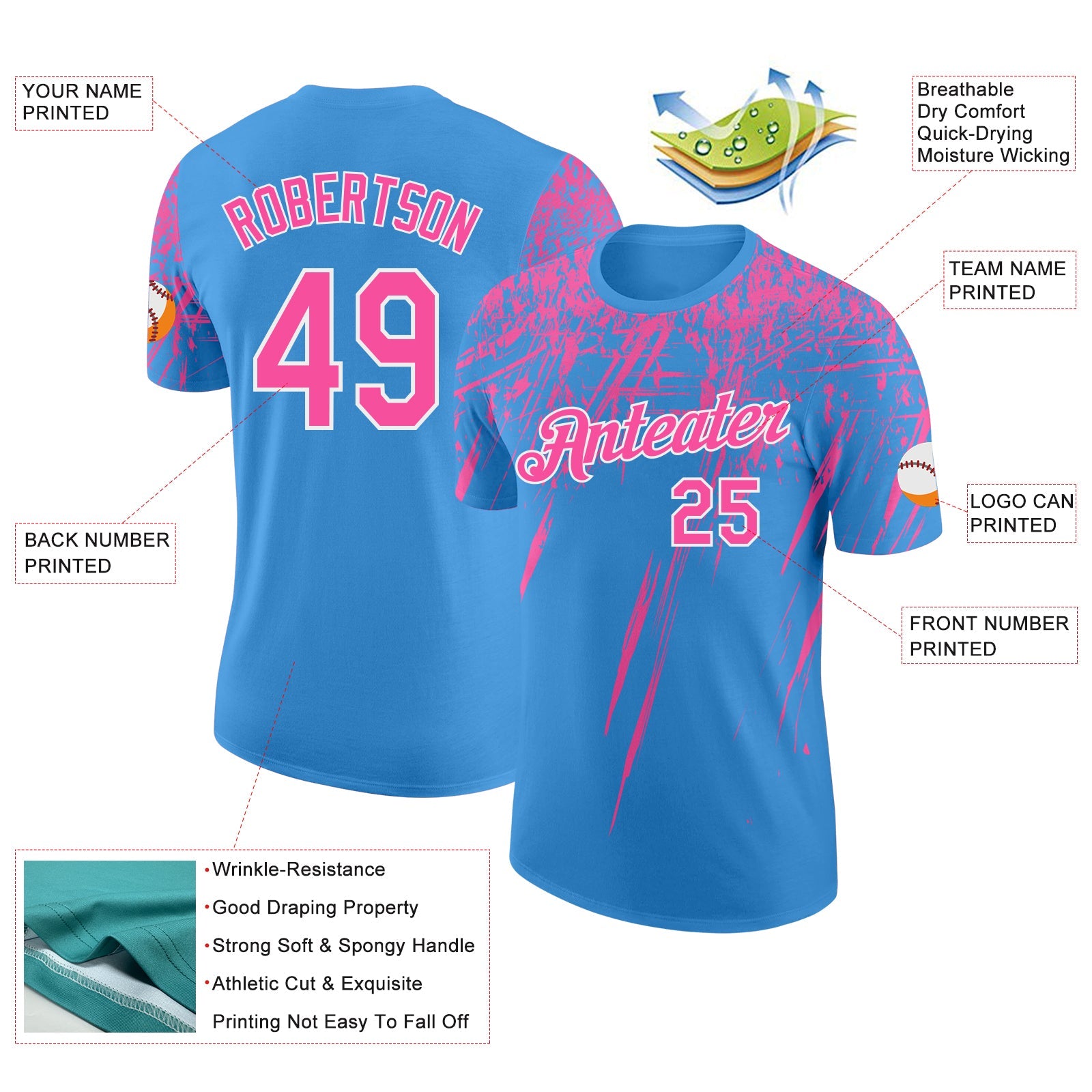 Custom Powder Blue Pink-White Distressed Scratch Brush Stroke Performance T-Shirt view 2
