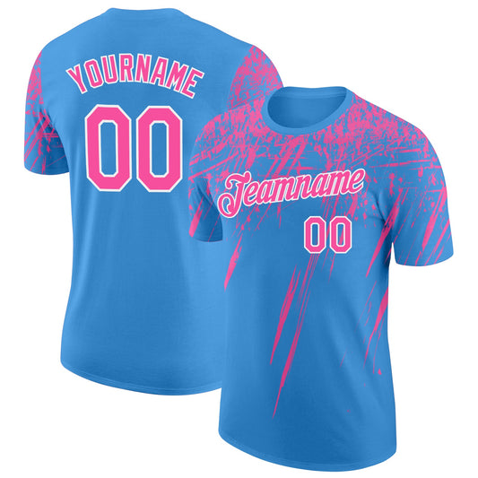 Custom Powder Blue Pink-White Distressed Scratch Brush Stroke Performance T-Shirt - Main View