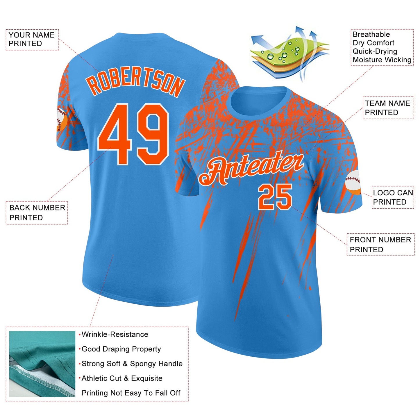 Custom Powder Blue Orange-White Distressed Scratch Brush Stroke Performance T-Shirt view 2