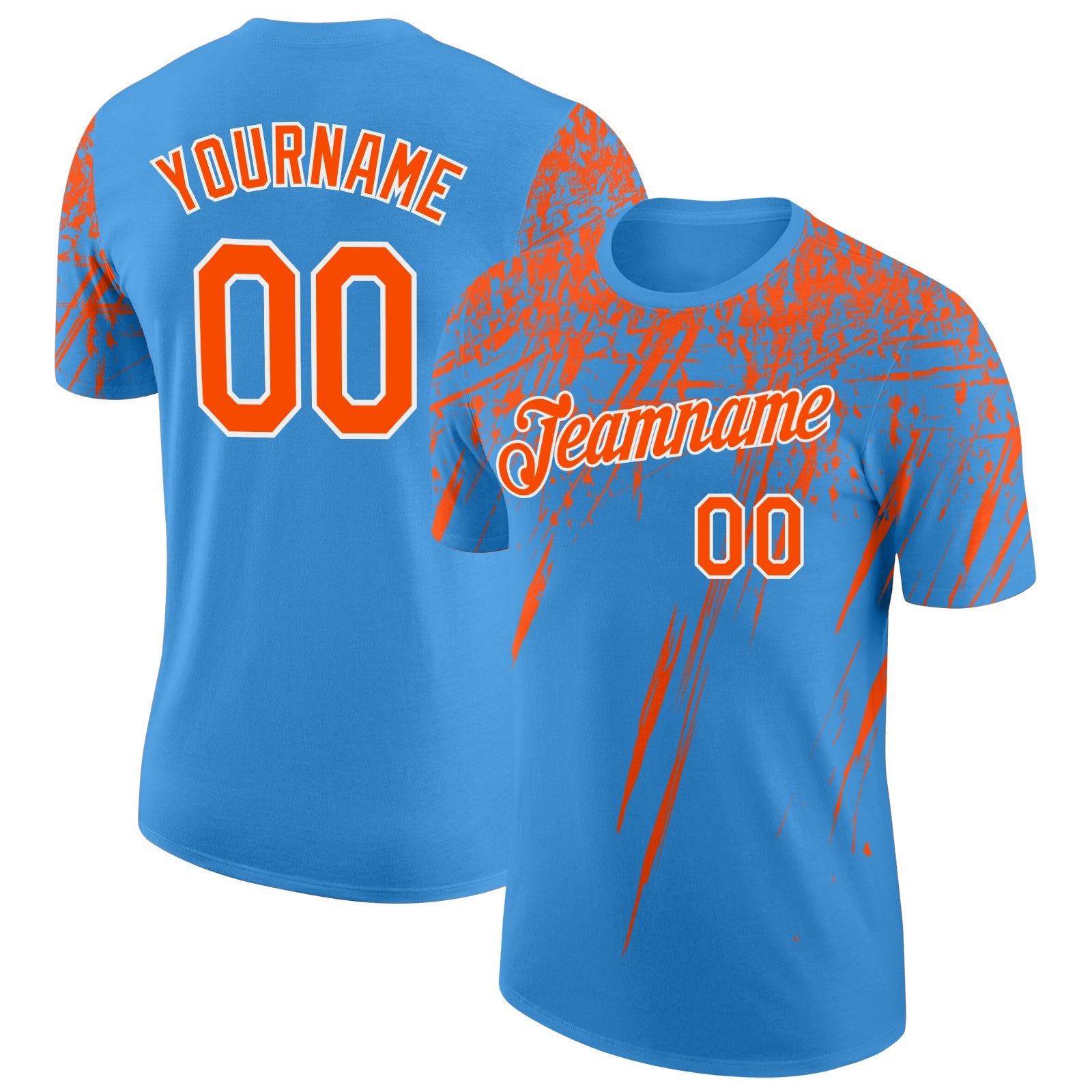 Custom Powder Blue Orange-White Distressed Scratch Brush Stroke Performance T-Shirt - Main View