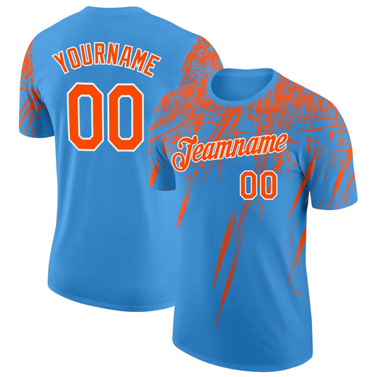 Custom Powder Blue Orange-White Distressed Scratch Brush Stroke Performance T-Shirt - Main View