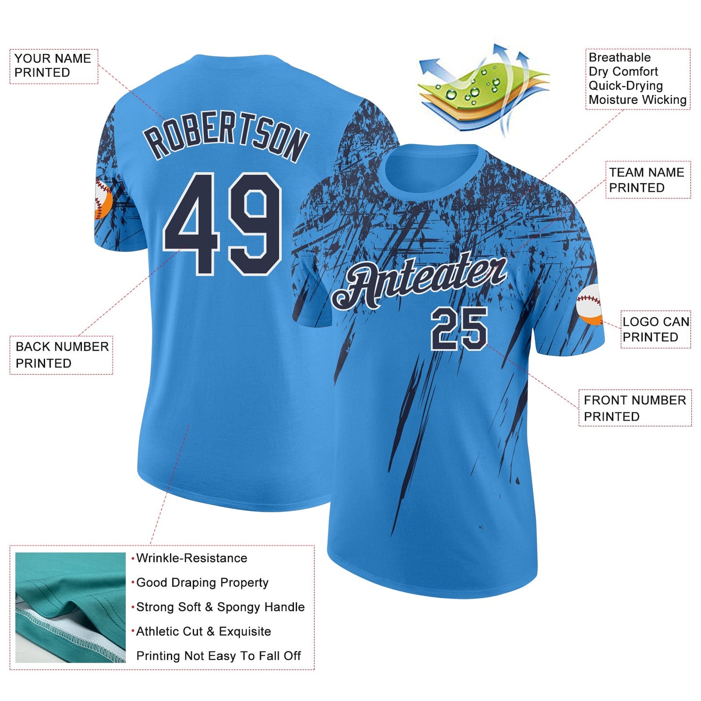 Custom Powder Blue Navy-White Distressed Scratch Brush Stroke Performance T-Shirt view 2
