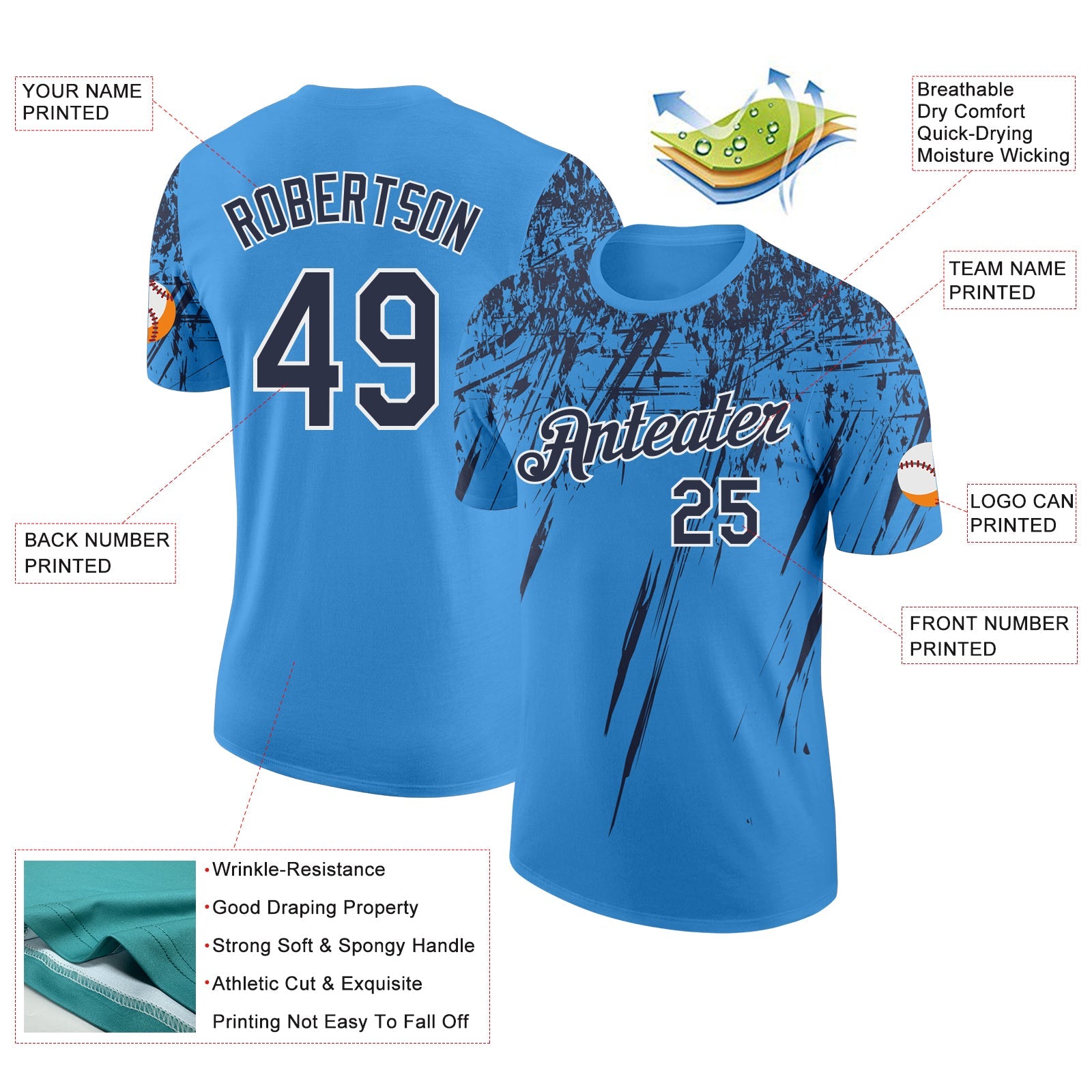 Custom Powder Blue Navy-White Distressed Scratch Brush Stroke Performance T-Shirt view 2