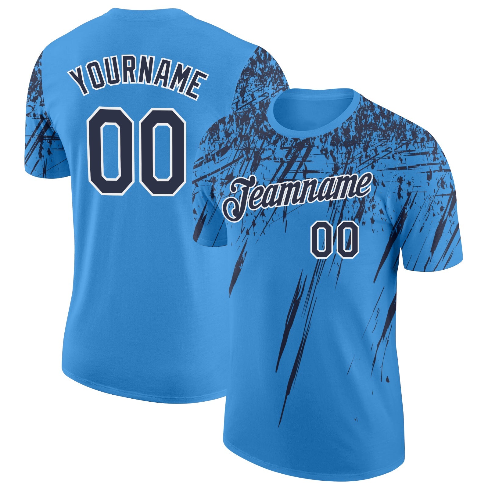 Custom Powder Blue Navy-White Distressed Scratch Brush Stroke Performance T-Shirt - Main View